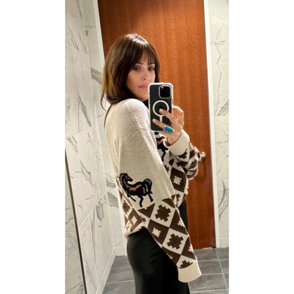 AUTUMN ADEIGBO Brown Horse Printed 100% Virgin Wool Marla Turtleneck Top Small - Picture 6 of 14